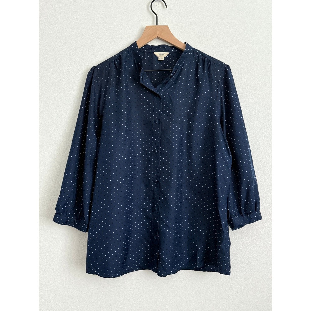 Lands End Canvas Silk Polka Dot Blouse Large Navy Blue Band Collar Minimalist